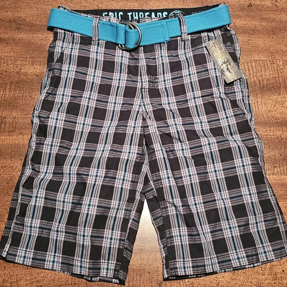 Epic Threads Boy's Black/Blue Plaid Bermuda Belted Shorts Size 12 NWT